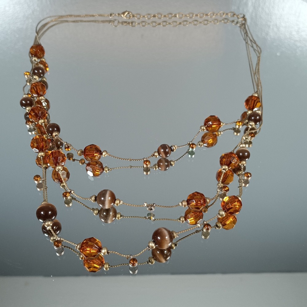 Multi Strand Amber Brown Faceted Bead Necklace Gold Tone Chain Clasp